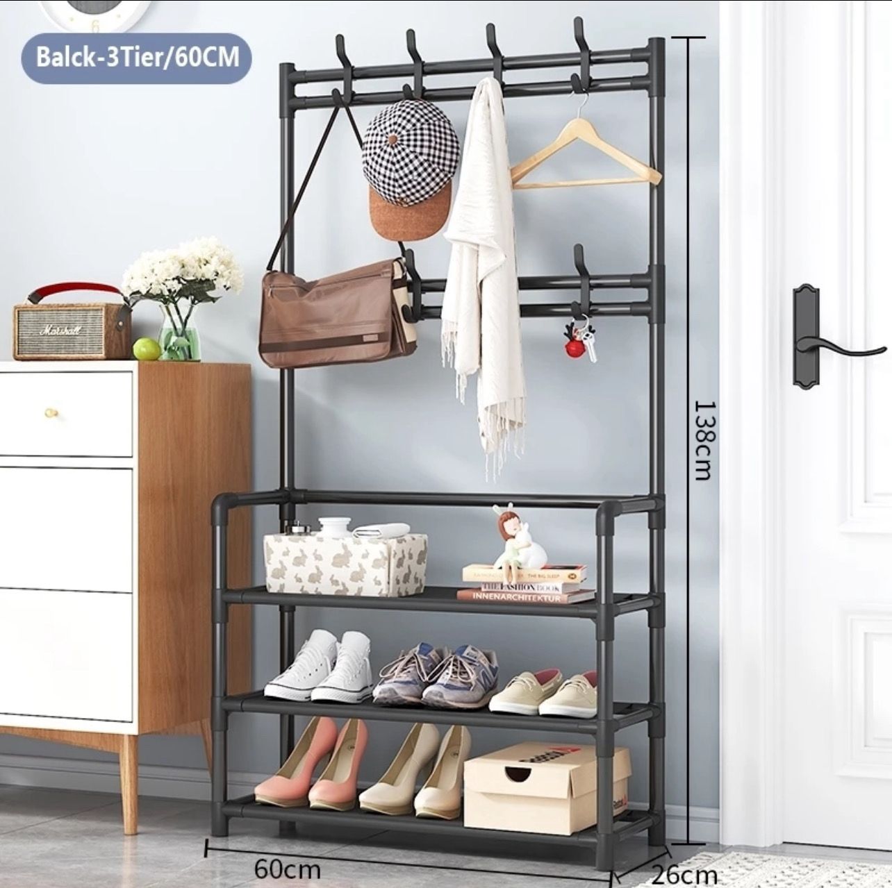 ￼Oo Shoe Hat Rack 3IN1 Multifunctional Shoe Rack Coat Rack Rak Kasut Clothing Holder Hanger Floor Standing Storage Shelf