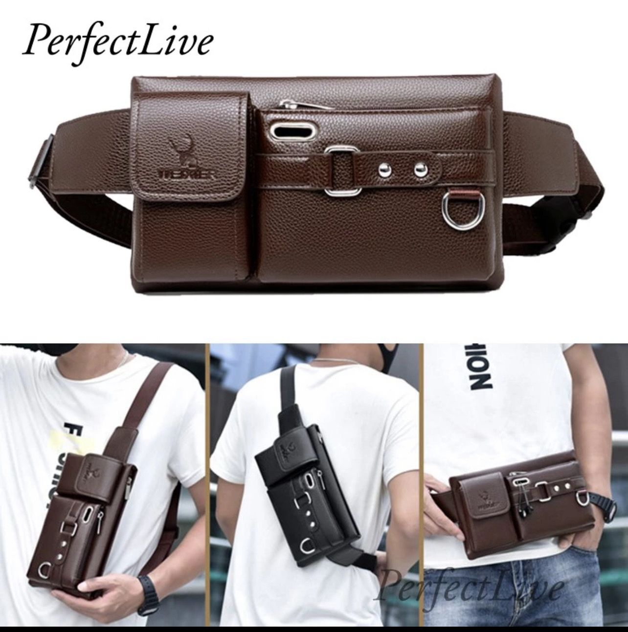 ￼WEX Belt Bag Chest Waist Man Multi Way Carry Leather Men Slanted Shoulder Cross Body Messenger Pouch Beg Lelaki