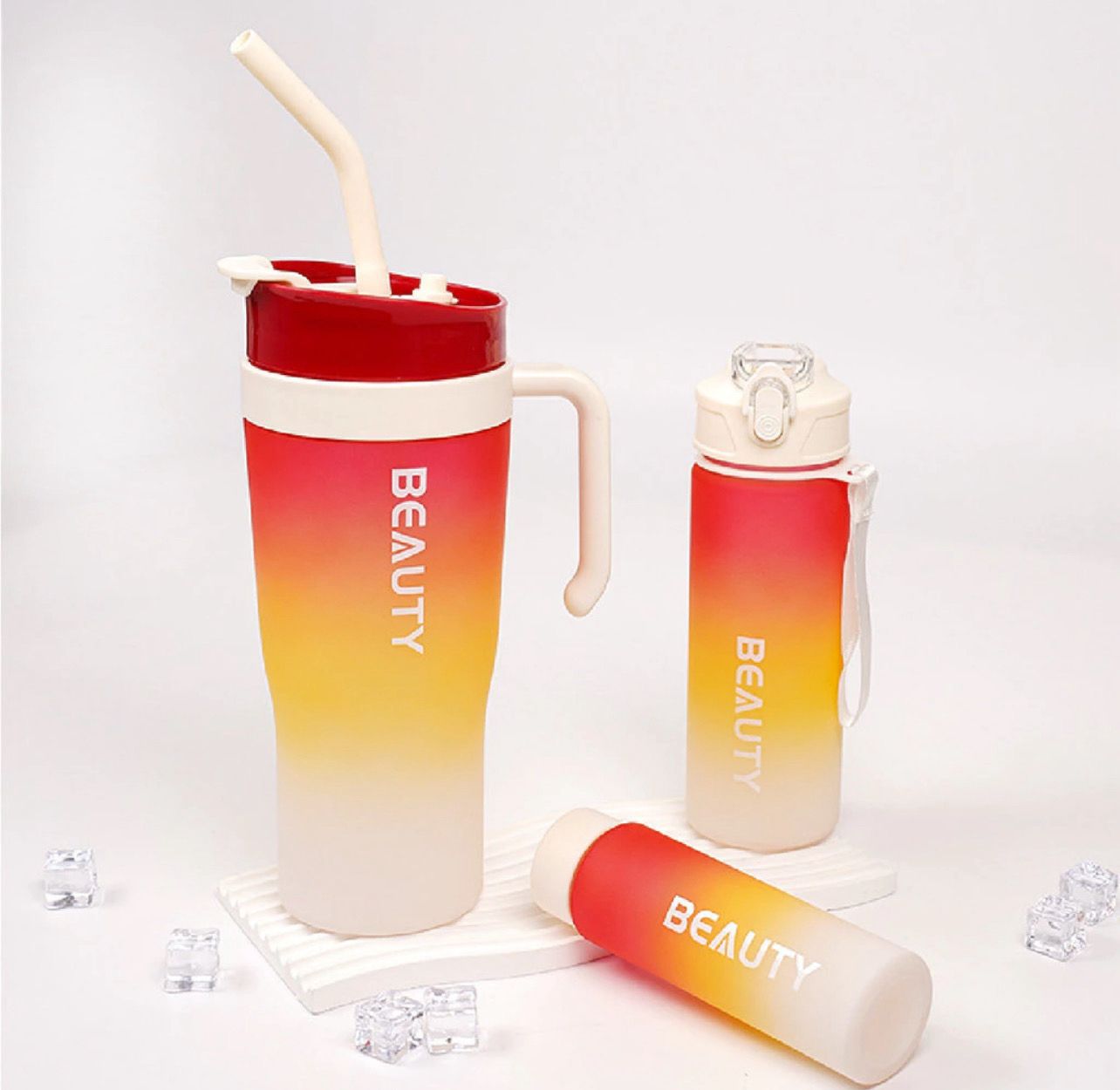￼Propappa - 3pcs/Set Water Bottle Food Grade Plastic Bottle Gradient Colour with Straw and Handle, Botol Air 3 Dalam 1 (1set 3pcs 😍)