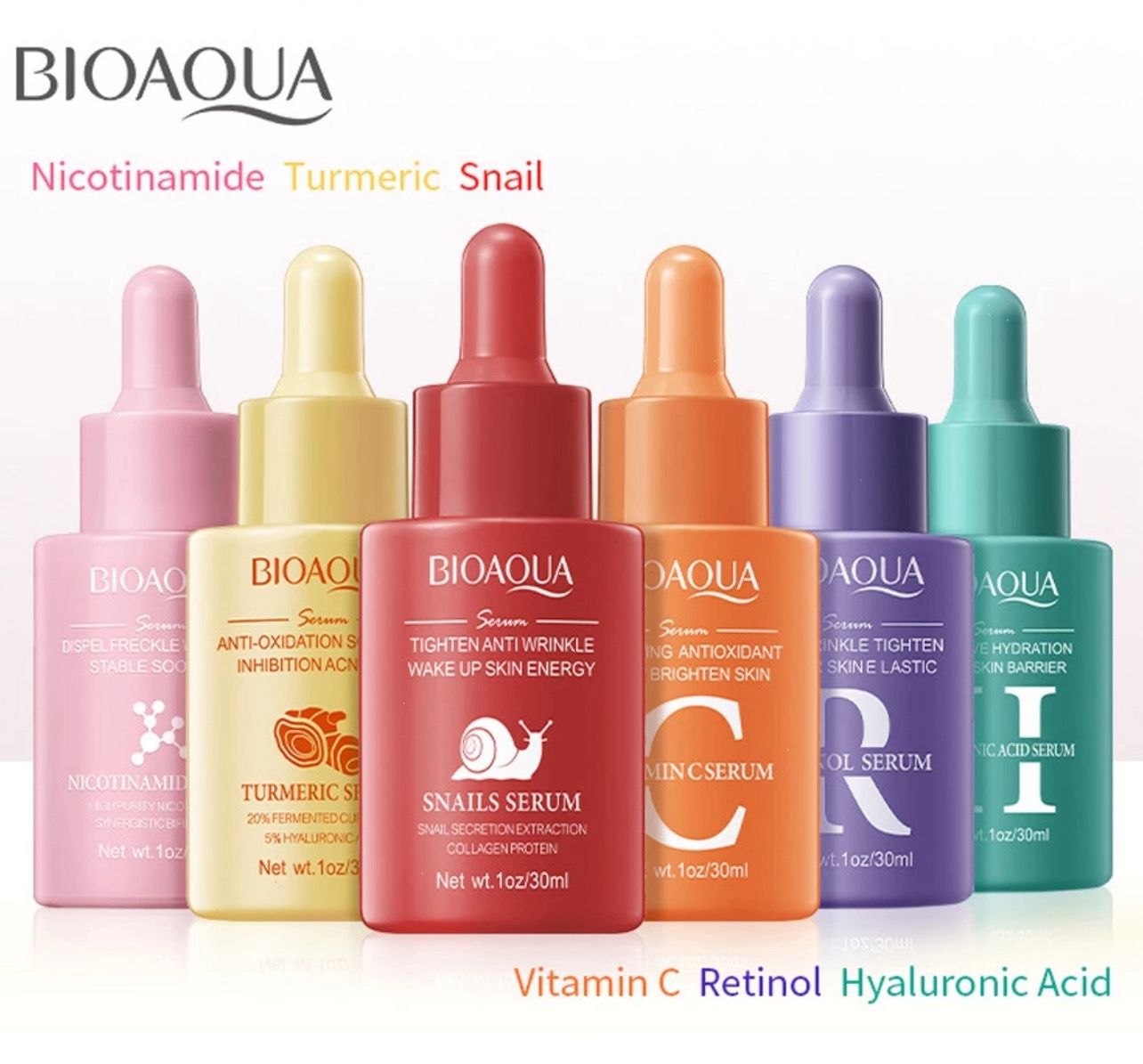 ￼BIOAQUA Hyaluronic Acid Vitamin C Retinol Nicotinamide Snails Turmeric Whitening Moisturizing Serum Essence 30ml 4blt