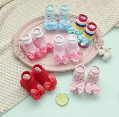 ￼Baby Girl Cute Fashion Bowknot Flower Socks Fit 0-24 Months 6pair