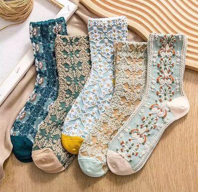 ￼Ladies Palace Style Retro Three-dimensional Embossed Socks Sweet Cute Mori Casual Wear Mid-tube Socks 6pair