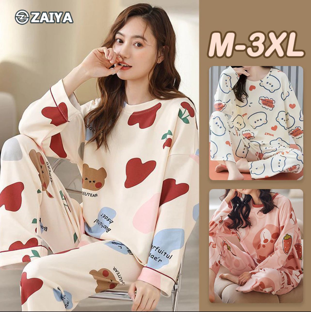 ￼SUMIKO Pyjamas Women Sleepwear Long Sleeve Combo Long Pants Baju Tidur Wanita Pajamas Panjang 长袖长裤睡觉衣女