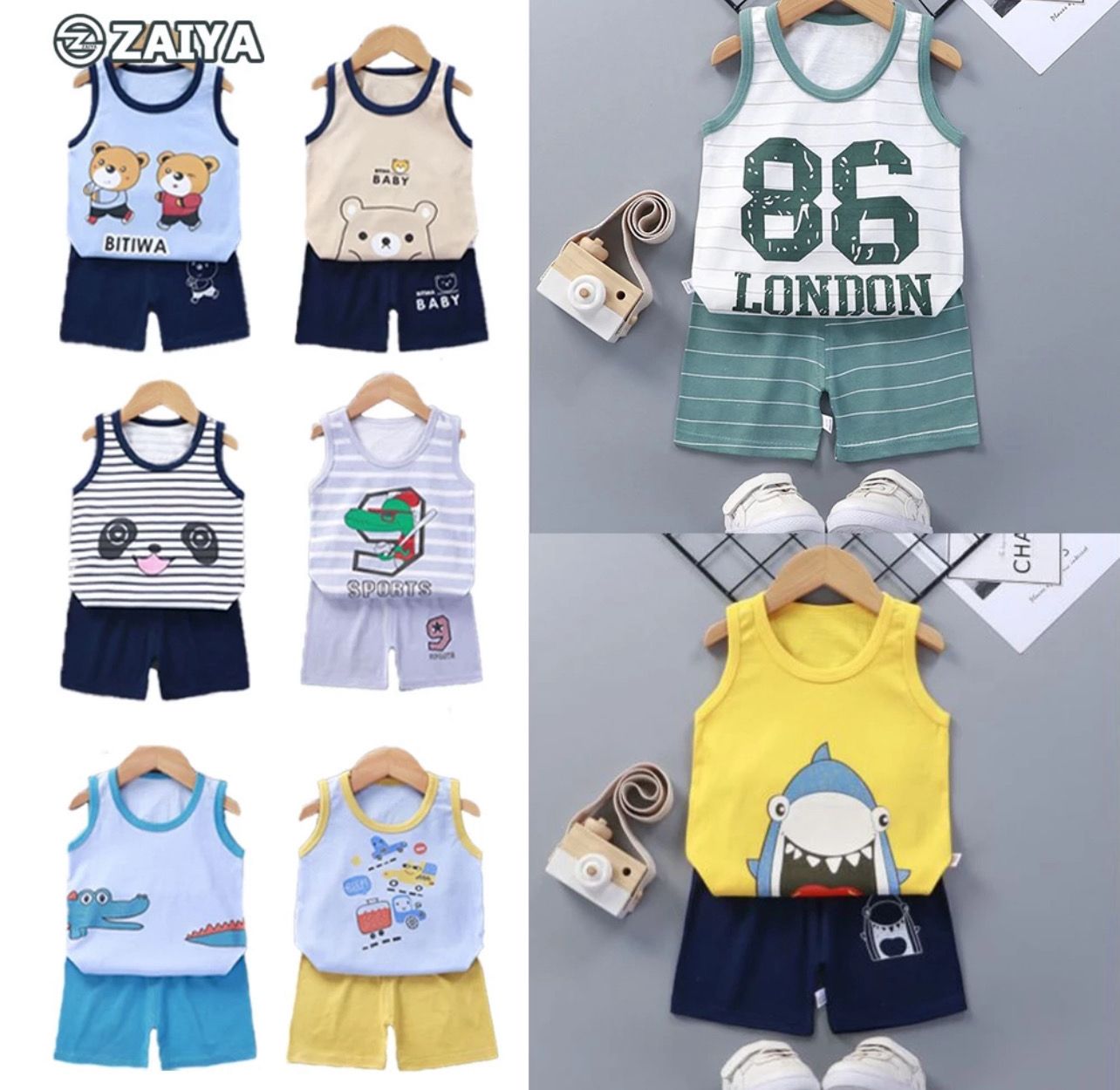 ￼SHIZUKO Kids Singlet Set Budak Kanak Fashion Baby Cute Vest 2pcs/set Cartoon Two-Piece Murah Kualiti 2set (2baju/2seluar)