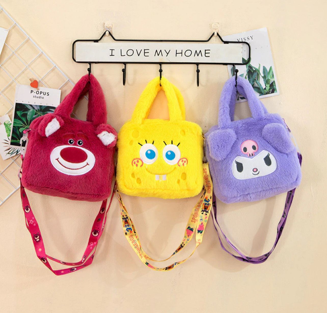 ￼Sanrio Plush Bag Cartoon Cute Girl Cartoon Kuromi Cinnamoroll My Melody Lotso Handbag Crossbody Bag for Kids Girls Sling Bag 2pcs