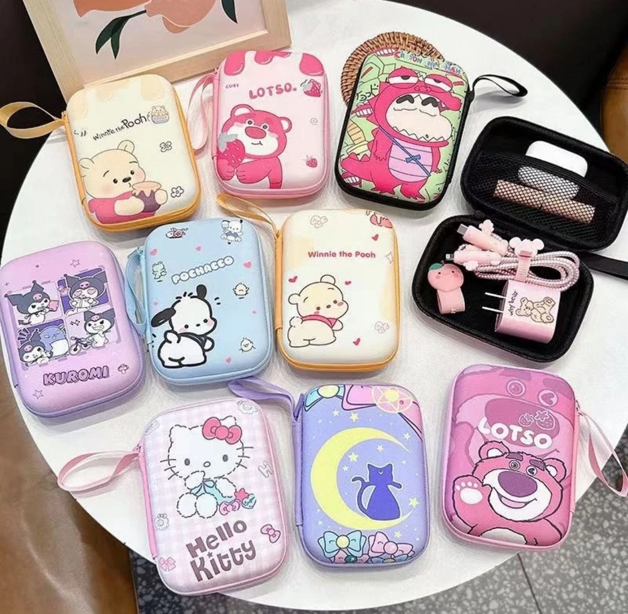 ￼Sanrio Cartoon Kuromi Portable Travel Earphone Organizer Storage Bag Large Coin Purse Charger Data USB Cable Pouch Organizer Box Zipper Bag 3pcs