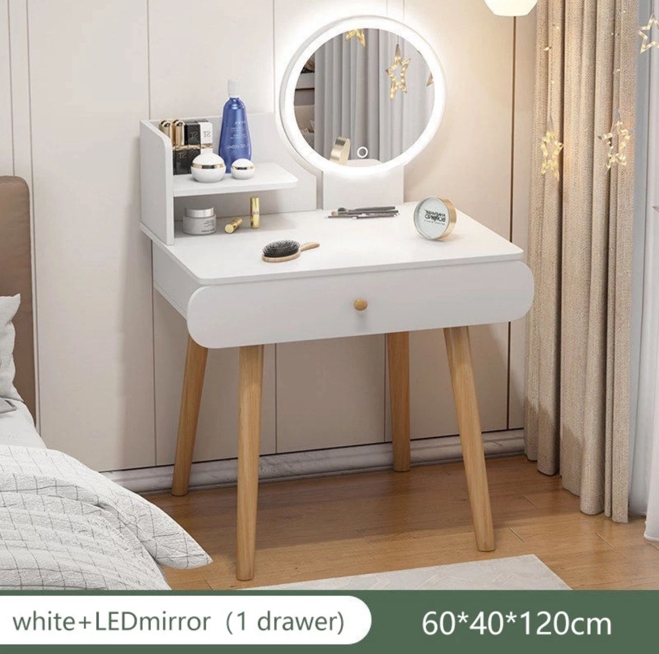 ￼Loft Dressing Table with LED Mirror Makeup Table Multipurpose Meja Solek Cosmetic Table Set Bedroom Table Gift Girl 梳妆台