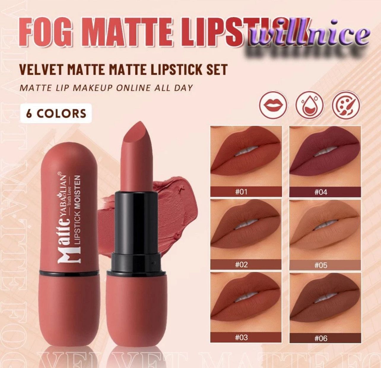 ￼Fog Velvet Matte 6 Colors Waterproof Matte Lightweight Nude Lipstick Lipkit Pigment Dark Red Brown Long Lasting Lip Gloss Women Makeup Lip Gloss NICELIFE 6pcs