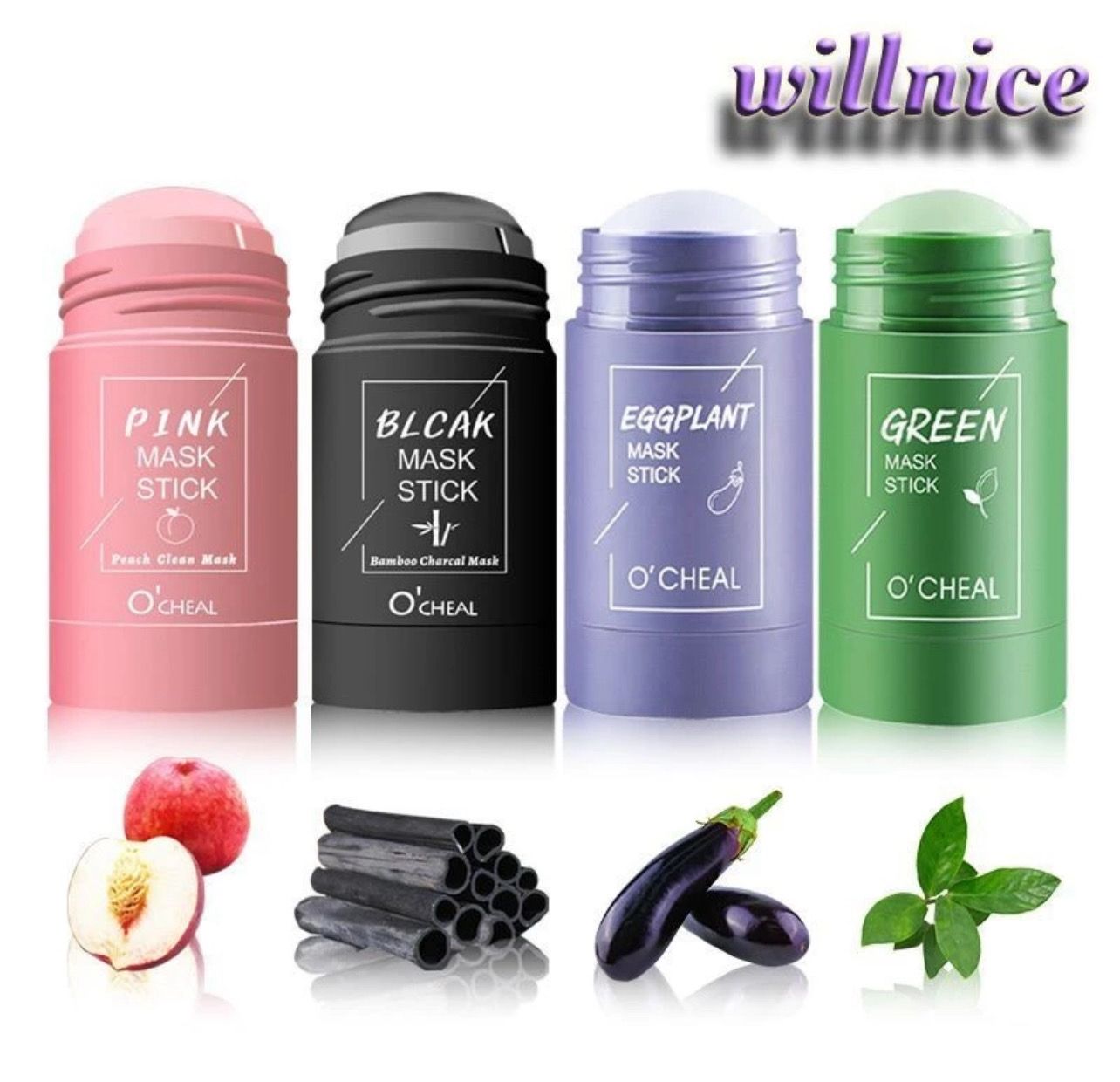 ￼Clay Mask Stick Solid Mask Stick Green Tea Eggplant Bamboo Charcoal Peach Deep Clean Pores Mud Mask Moisturizing And Hydrating NICELIFE 3pcs
