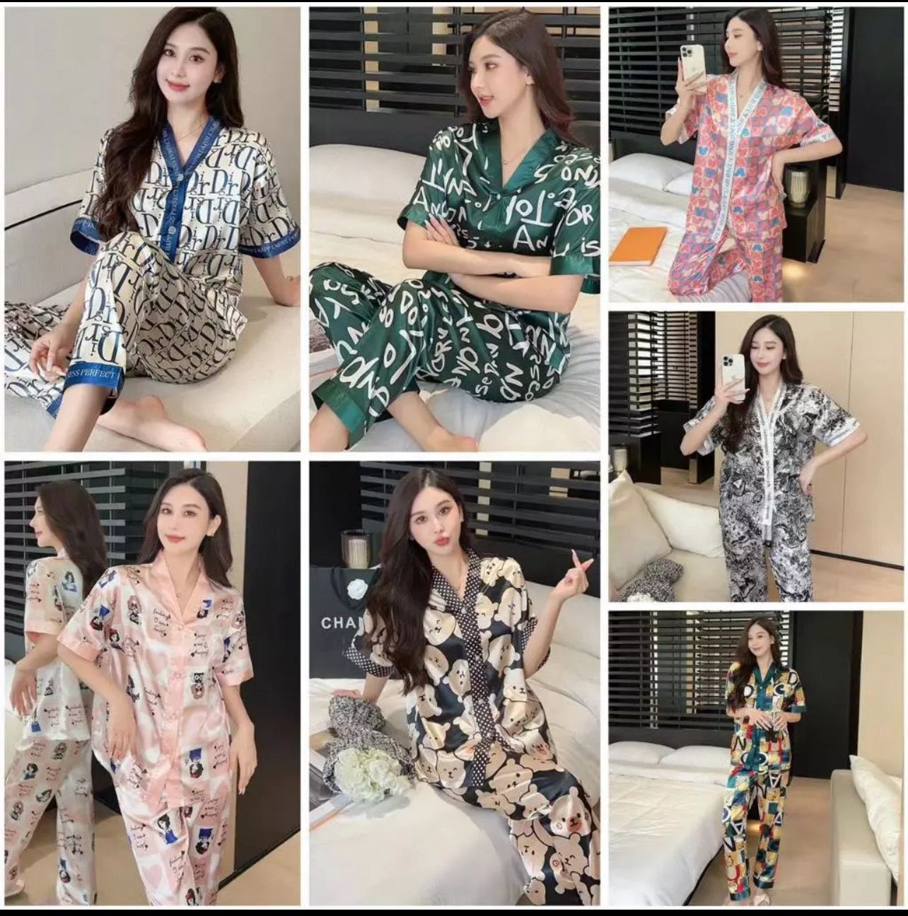 ￼M-3XL Plus Size  lady pajamas women Set baju tidur wanita murah Sleeves Pyjamas Sleepwear Silk Satin