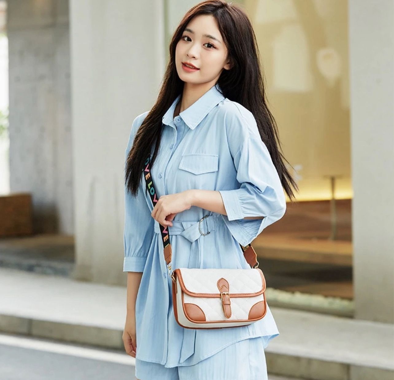 ￼Female Bag 2023 New Style Fashionable Fashionable Embroidered Thread Checkered Shoulder Small Square Bag Shoulder Strap Colorful Letter Emb