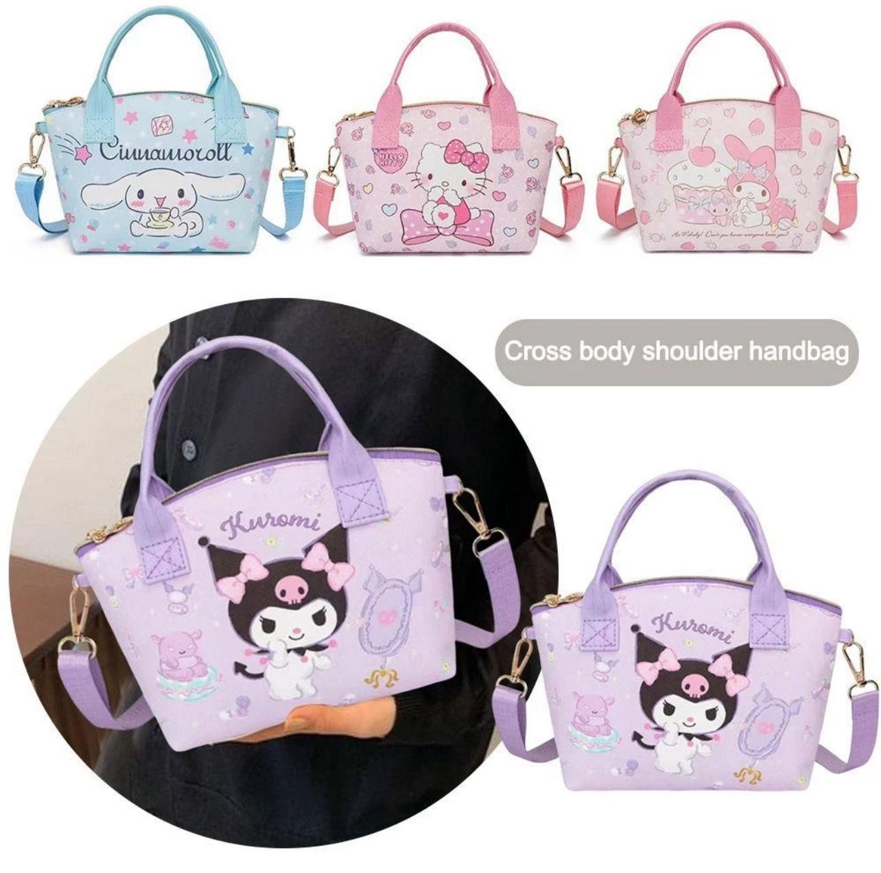 ￼AURORY Makeup Bag, PU Leather Kawaii Crossbody Bag, Anime Shoulder Bags Melody Cinnamorol Kuromi Cosmetic Bag Cute Messenger Bag Girl Women Lady
