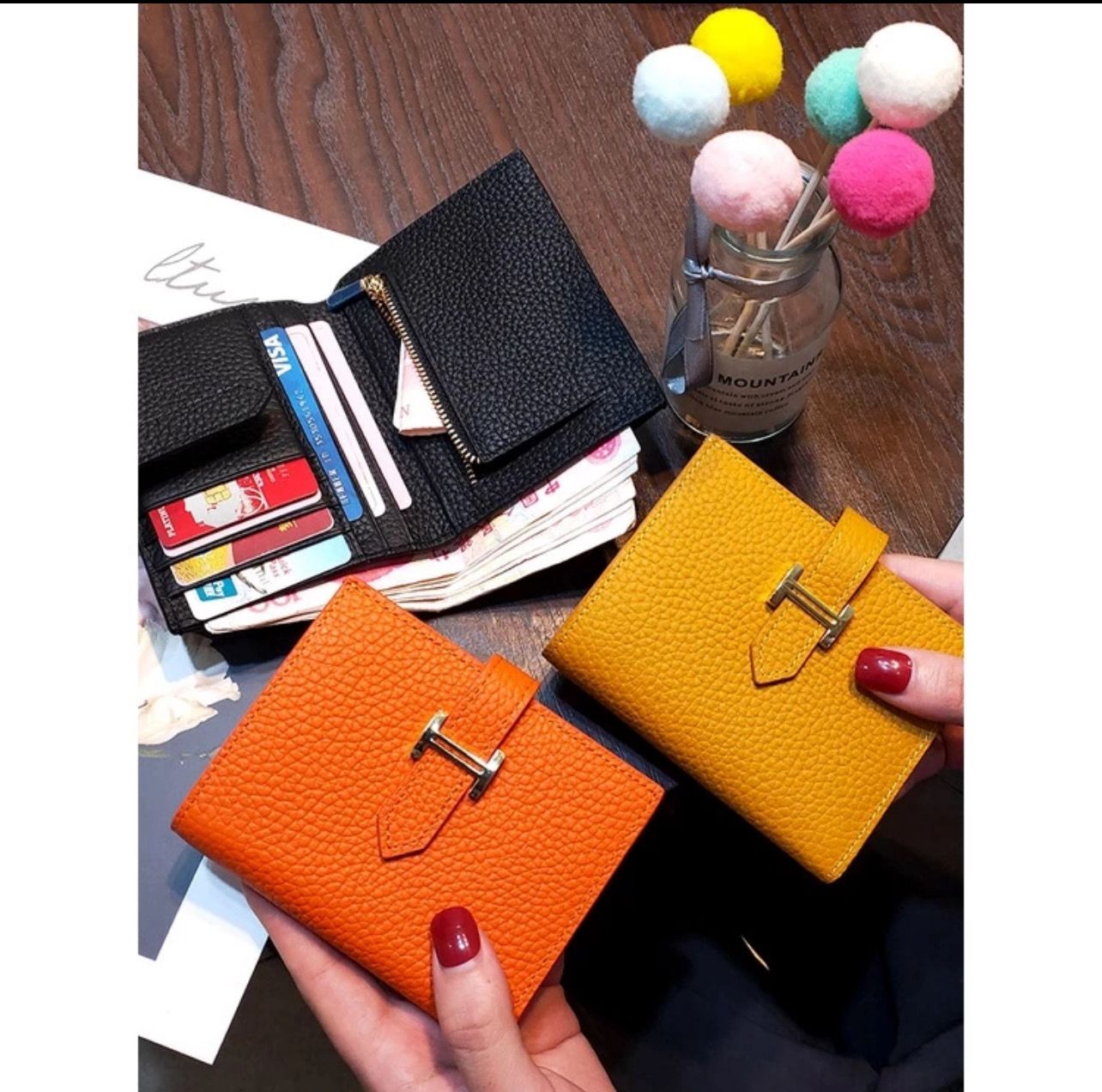 ￼Men&#39;s and Women&#39;s Genuine Leather Wallet with Litchi Pattern Ultrafine RFID Short Design Small Wallet Women&#39;s Wallet Card Handheld Storage Bag (No Logo) 3pcs