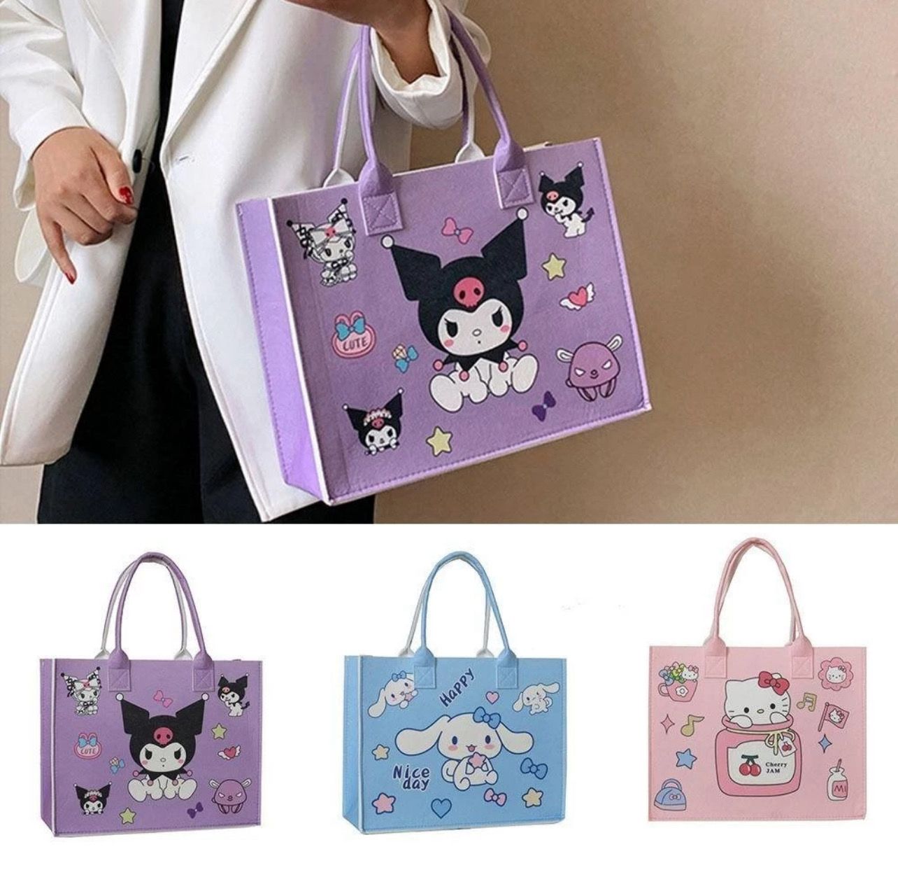 ￼AURORY Shoulder Bag, Felt Large Capacity Handbag, Fashion Kuromi Shopping Bag Women Girls 2pcs $10/ 3pcs $15
