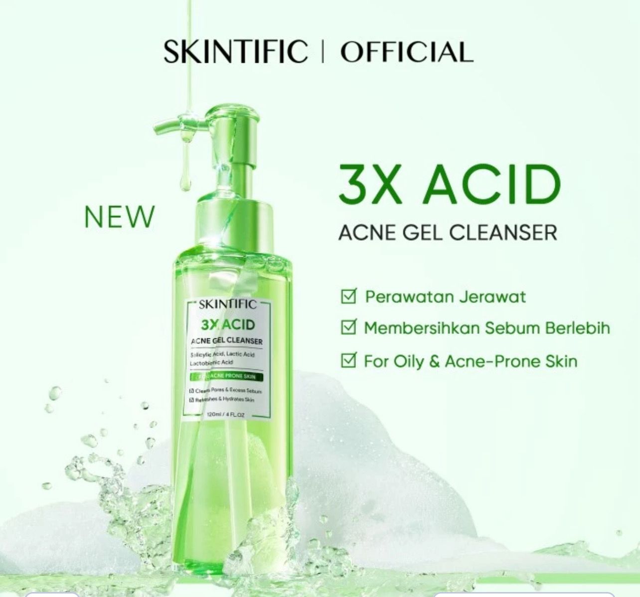 Tokopedia - SKINTIFIC 3X Acid Acne Gel Cleanser 120ml Facial Wash Acnes Face Wash Calms acne Salicylic acid Lactic acid Centella calms and soothes acne