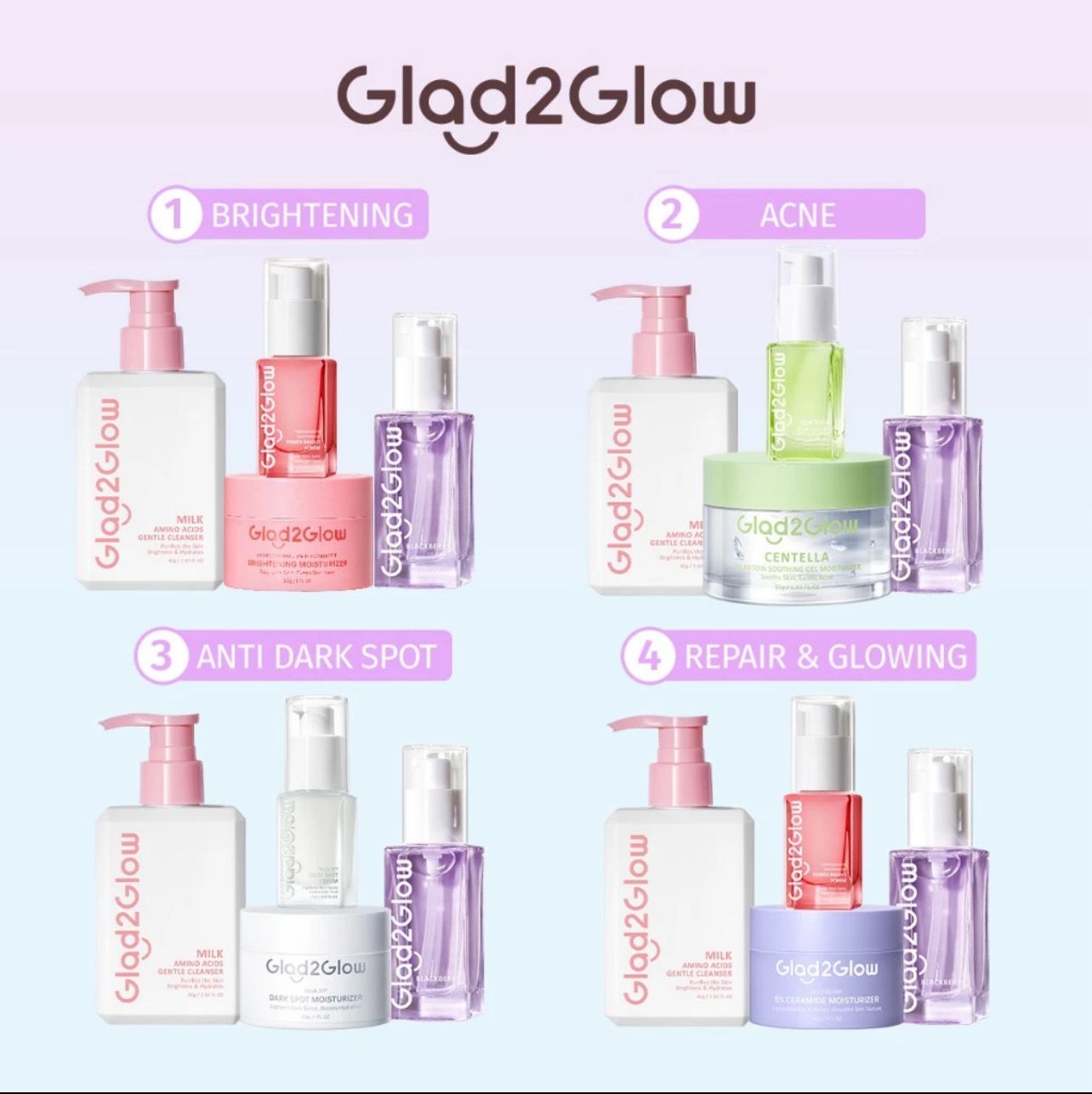 ￼Glad2glow 4IN1 Set Basic Skincare Paket Moisturizer/Serum/Toner -ACNE KIT BRIGHTENING KIT ANTI DARK SPOT 4PCS (promo set)