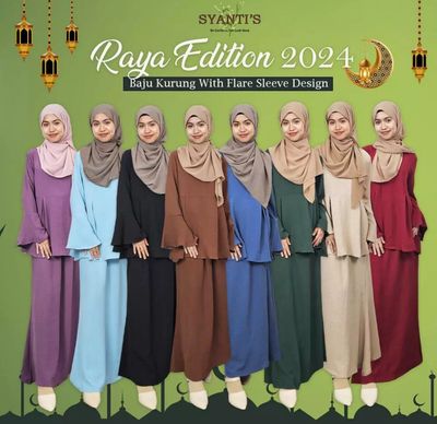 ￼Syanti&#39;s Baju Raya 2024 Baju Kurung Moden Blouse with Skirt Flare Sleeve Design ( Sy38737)- Promo