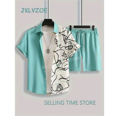 ￼Summer Abstract Printing Beach Men 2 Piece Sets Quick Dry Hawaiian Shirt Shorts Suit Men‘s Solid color Vacation Clothing Outfits