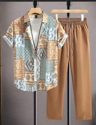 Manfinity RSRT Men&#39;s Patchwork Print Short Sleeve Shirt And Solid Color Long Pants Two Pieces Set, Spring/Summer