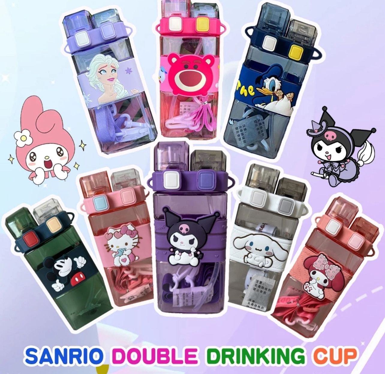 ￼Sanrio 520ml Kawaii Melody Kuromi Cartoon Tritan Straw Cup with Strap Water Bottle Transparent Drinkware Cup Cawan air