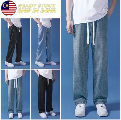 ￼#ShopeeMY Korean Jeans Men Jeans Men Casual Trend Loose Drawstring Straight Cut Jeans Seluar jeans lelaki [6040]