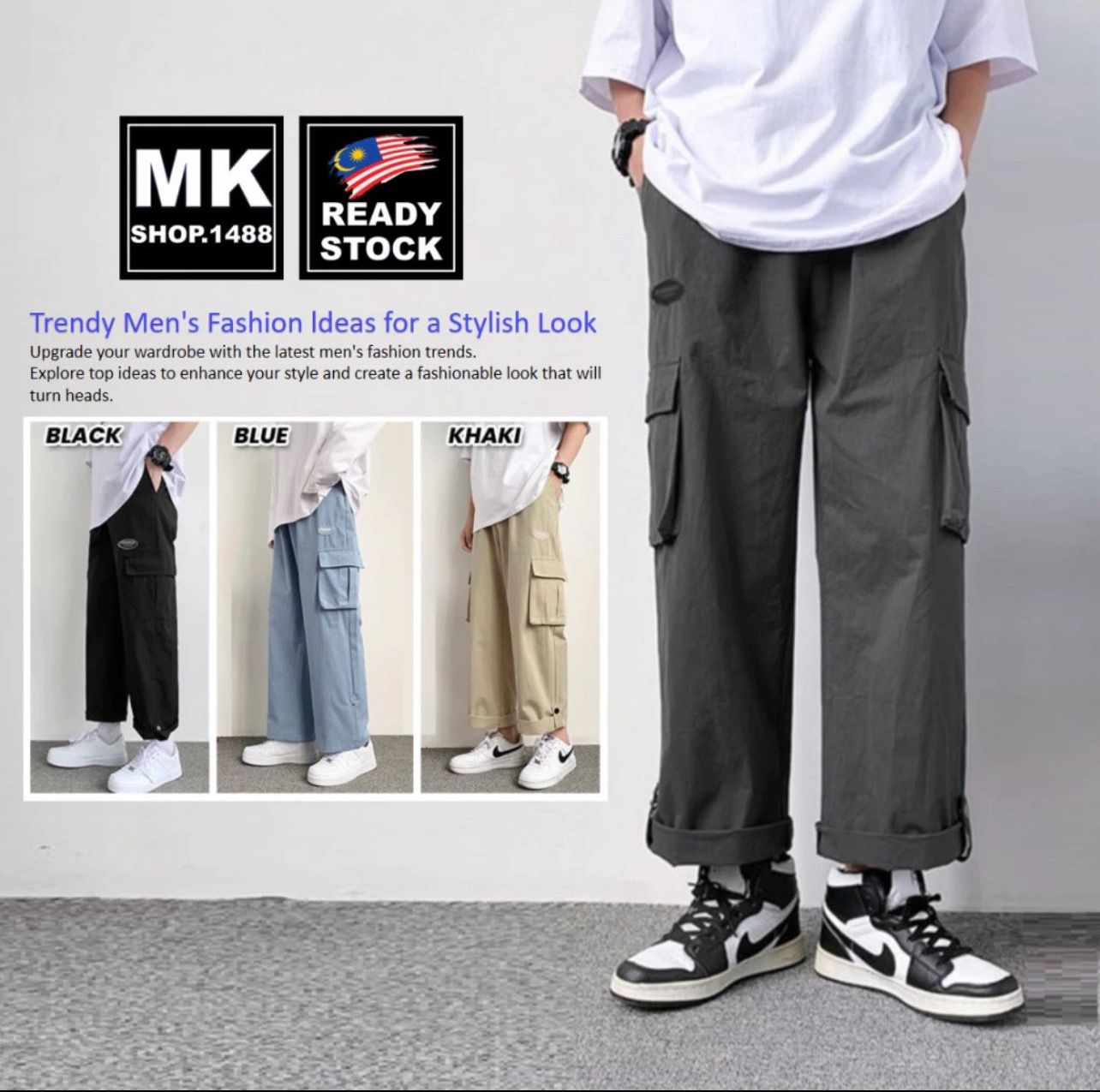 ￼MKSHOP Cargo Pants Men Multi Pocket Fashionable Loose Long Pant men Sport Straight pants men seluar Kargo Lelaki (635)