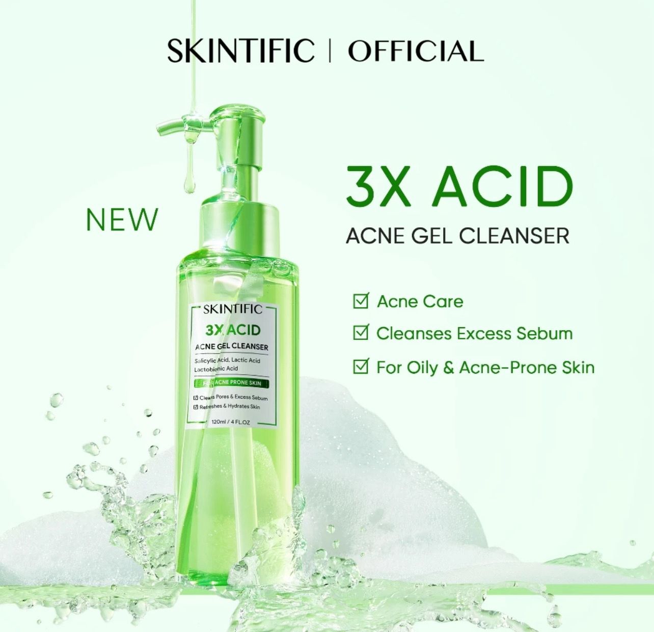 ￼[New Launch] SKINTIFIC 3X Acid Acne Gel Cleanser 120ml  Acne Facial Wash Cleanses Salicylic Acid Face Cleanser