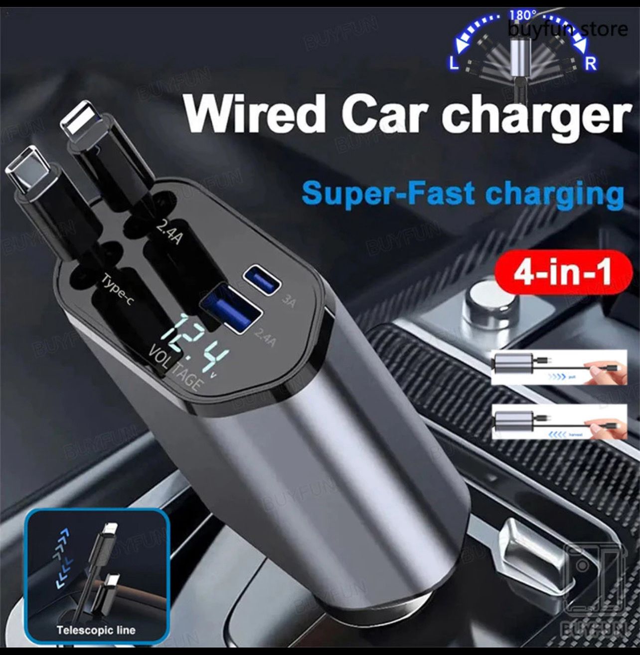 ￼120W Wired Car charger Type C L Cable Telescopic line USB Car Charger Quick Charger Adjustable Direction Aluminium Alloy Adapter For iPhone Huawei