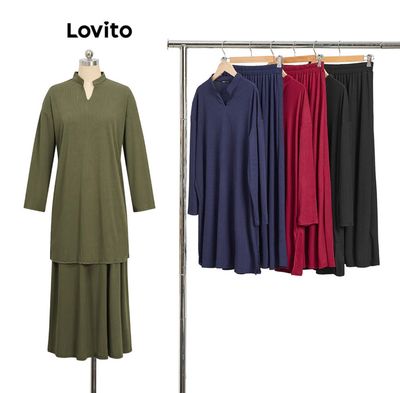 ￼Lovito Modest Plain Split Front Pleated Basic Sets for Women LB9ED067 Lovito Set Basic Lipit Belahan Depan Polos Sederhana untuk Wanita LB9ED067