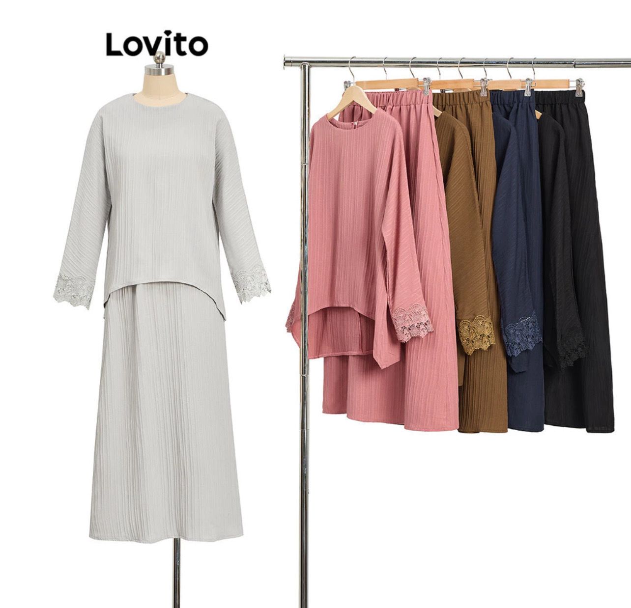 ￼Lovito Modest Plain Lace Fabric Stitching Sets for Women LB9ED059 Lovito Set Jahitan Kain Renda Polos Sederhana untuk Wanita LB9ED059