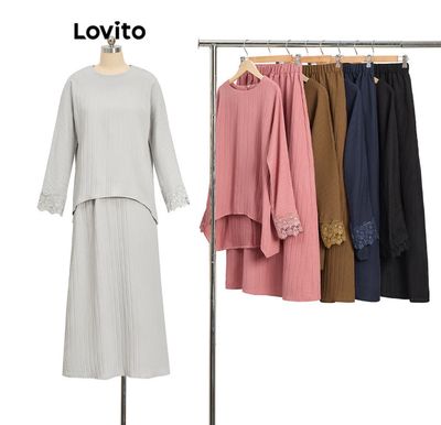 ￼Lovito Modest Plain Lace Fabric Stitching Sets for Women LB9ED059 Lovito Set Jahitan Kain Renda Polos Sederhana untuk Wanita LB9ED059