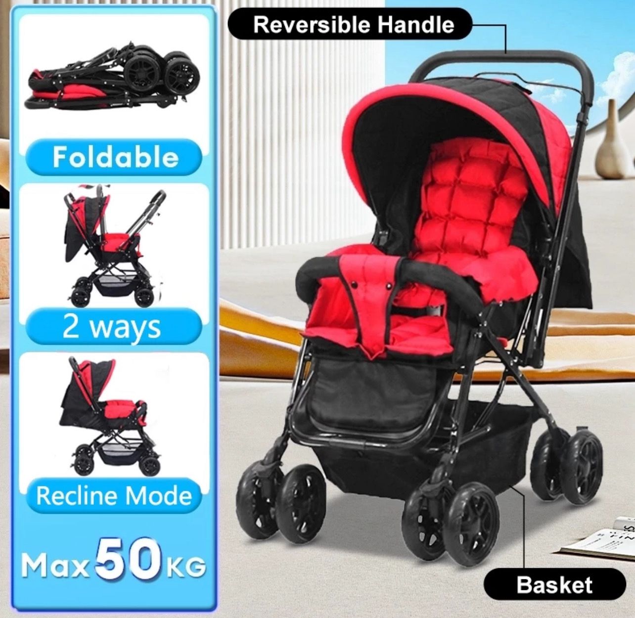 ￼COD Stroller baby Foldable Cabin 2Way Compact Stroller Basket with Adjustable Space Footrest Baby Gear Strollers 遛娃神器