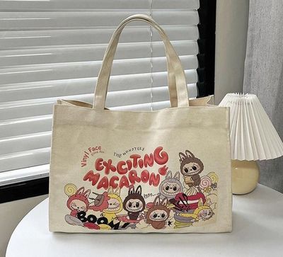 ￼DWAYNE Labubu Canvas Bag, Print Cloth Cartoon Tote Bag, Casual Large Capacity Shoulder Bag Portable Canvas Handbag Travel