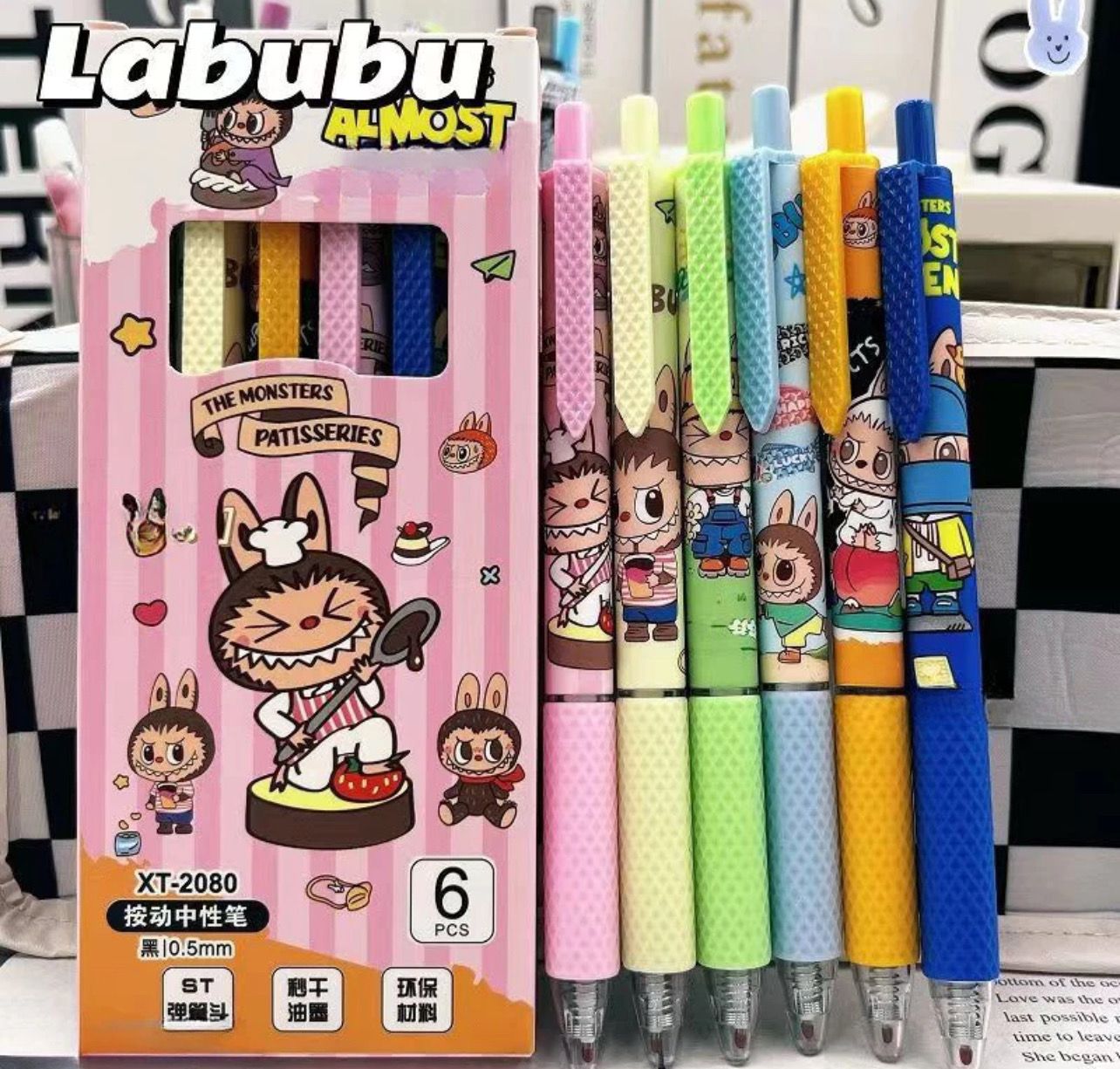 ￼6pcs LABUBU Pen for Student Colorful 0.5st Head Quick-drying Smooth Writing Black Ink Neutral Pens Stationery 3set 18pcs