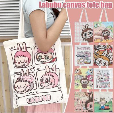 ￼Labubu Canvas Tote Handbag - Large Capacity, Durable, Cartoon, Cute - Student Tutoring Packet - Shoulder Bags - Portable Shopping Bags - For Men Women 2pcs