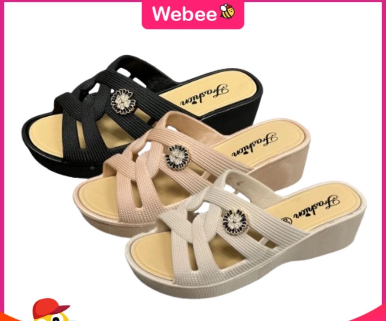 ￼READY STOCK💝 WEBEE XQ-2371 Wedges Women&#39;s Summer Spring Casual Black Flower Bead Mid Heel Rubber Slide On Kasut Wanita