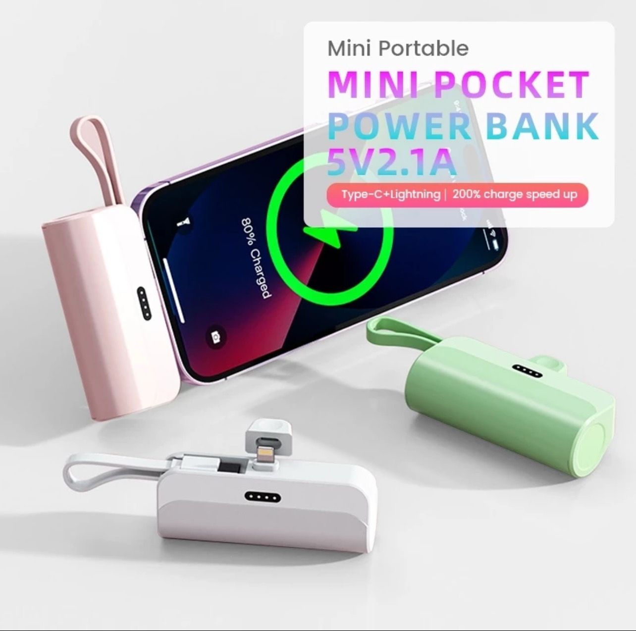 ￼(New)2 IN 1 Mini Portable Powerbank 5000mAh 10W External Battery Plug in Fast Charging &amp; Easy to Carry Lanyard Design