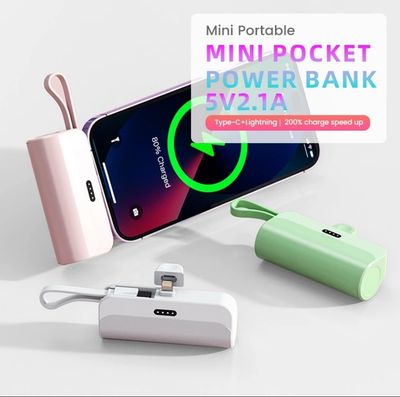 ￼(New)2 IN 1 Mini Portable Powerbank 5000mAh 10W External Battery Plug in Fast Charging &amp; Easy to Carry Lanyard Design