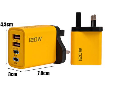 ￼4Ports 120W Dual PD USB Charger - Wall Adapter QC 3.0 Fast Charging - Travel EU/US/UK Plugs Converter - Multi-Function Phone Quick Chargers 2pcs