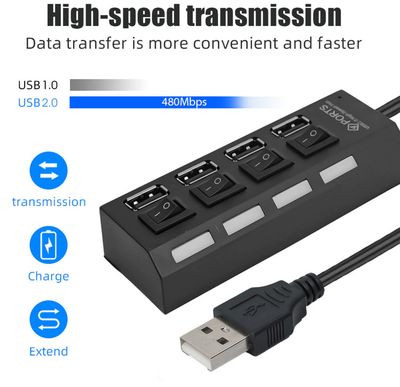 ￼4 Ports USB 2.0 HUB Expansion Interface - Independent Multiple Extender Power Adapter  - Multi USB 2.0 Splitter HUB With On/Off Switch - For PC Laptop Computer 3pcs