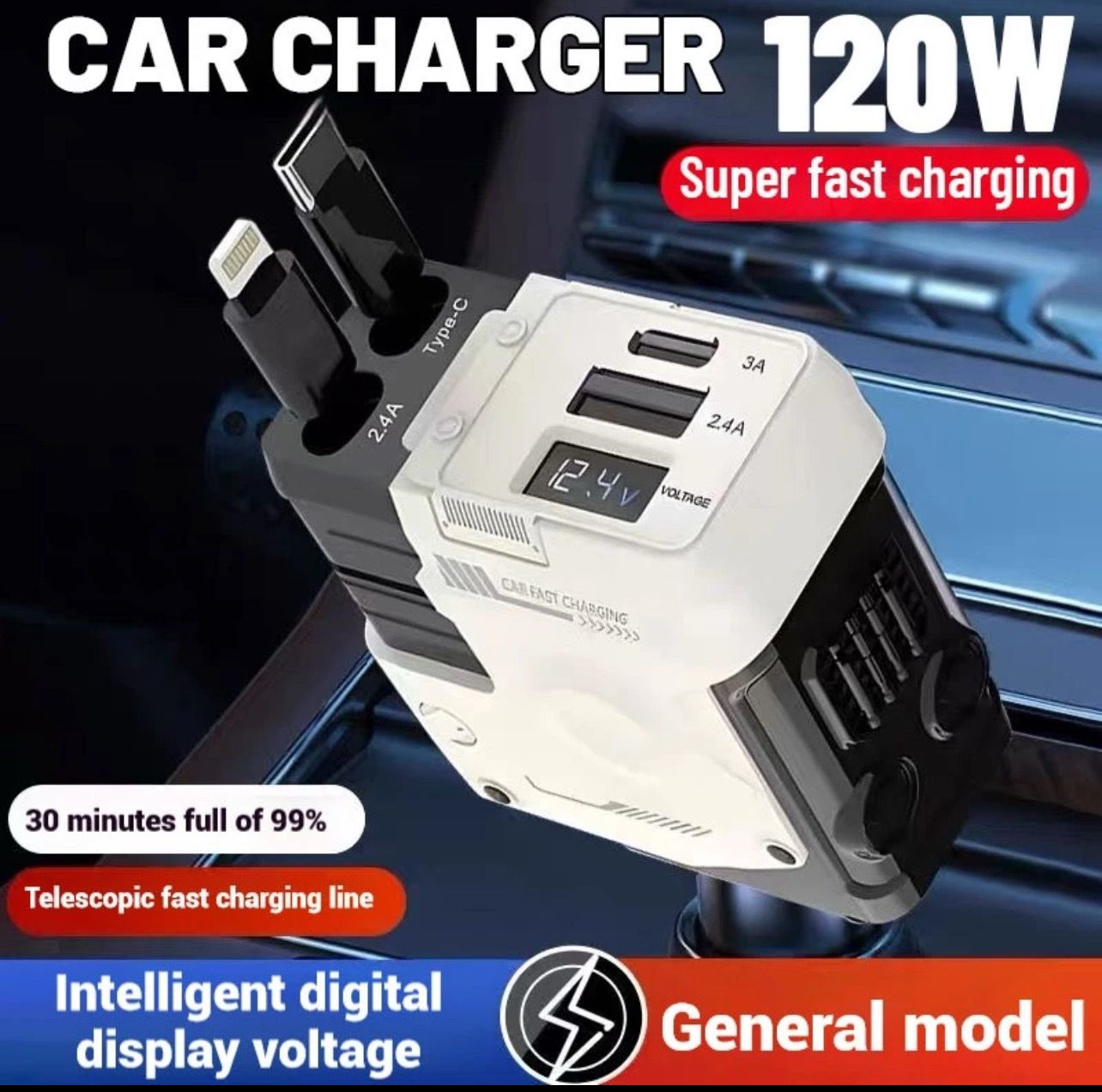 ￼【Mecha Style🔥】New Car Charger 4in1 Car Charging Cable 120w Fast Charging iPhone Type-C with Retractable Cable车载充电器