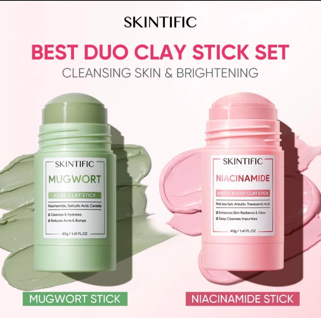 ￼SKINTIFIC- Niacinamide Bright Boost Clay Stick Mask Facial Brightening Mask&amp;Glowing Stick 2pcs