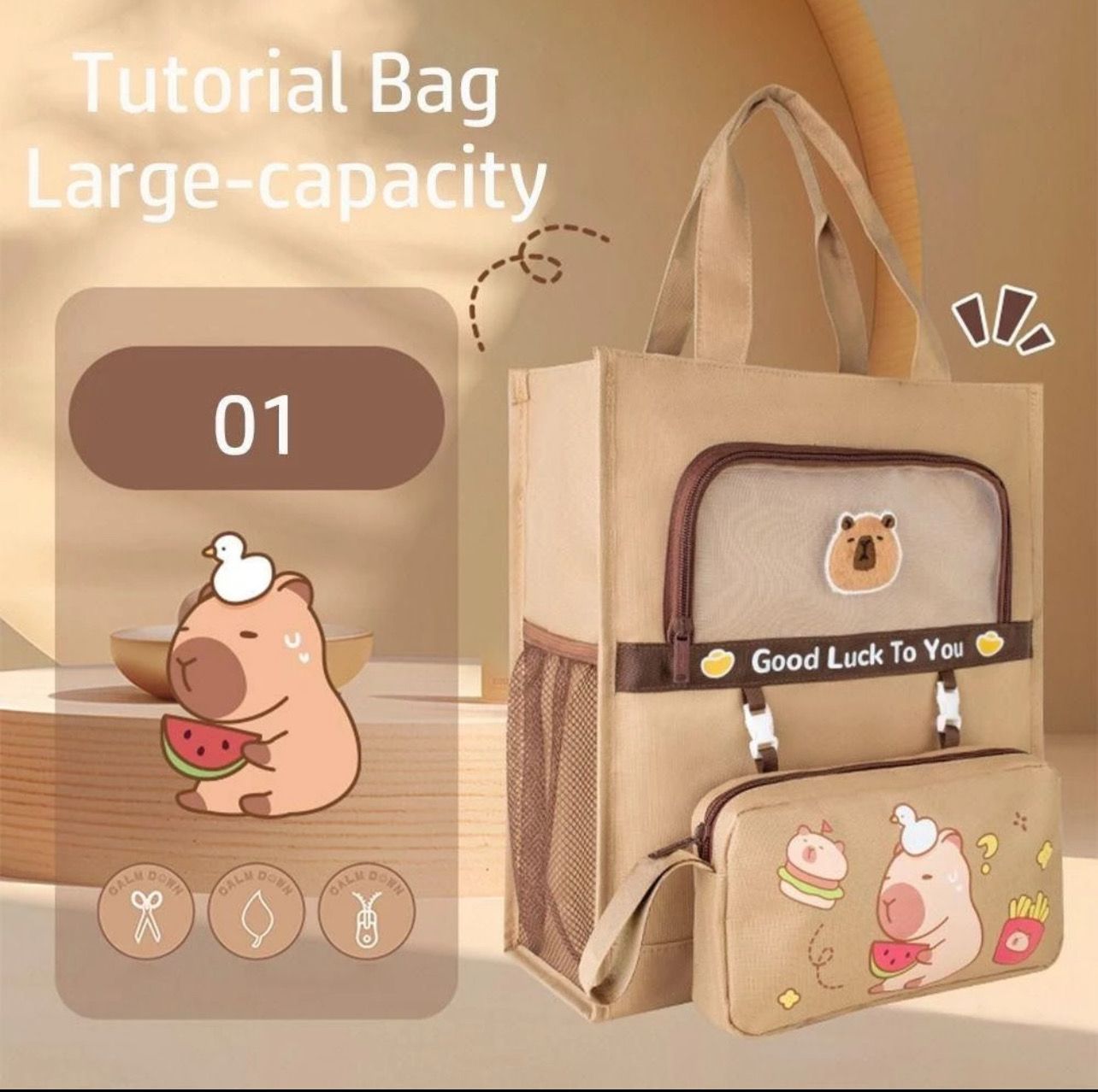￼SIRENU Tote School Bag, Five-layer Capybara Tutorial Bag, Cartoon Canvas Large-capacity A4 File Bag Learning supplies
