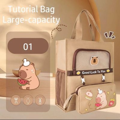 ￼SIRENU Tote School Bag, Five-layer Capybara Tutorial Bag, Cartoon Canvas Large-capacity A4 File Bag Learning supplies
