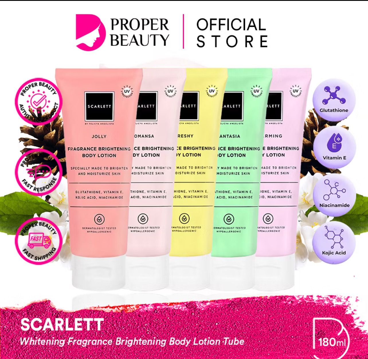 ￼Scarlett Whitening Fragrance Brightening Body Lotion Tube Indonesia/Body Lotion 180ml / Made To Brightening And Moisturize Skin/Glutathione Vitamin E/Jolly Charming Freshy Romansa Fantasia Happy Coff