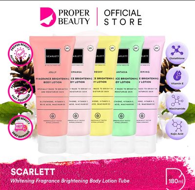 ￼Scarlett Whitening Fragrance Brightening Body Lotion Tube Indonesia/Body Lotion 180ml / Made To Brightening And Moisturize Skin/Glutathione Vitamin E/Jolly Charming Freshy Romansa Fantasia Happy Coff