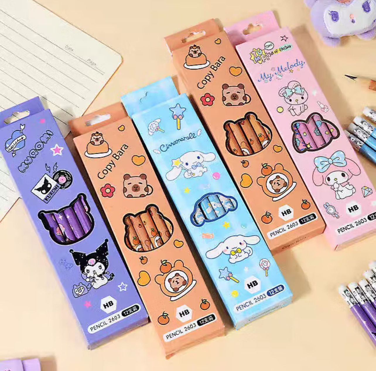 ￼12pcs Capibala Pencil Set Sanrio Calligraphy Pen Sketching Drawing Pen HB Pencil Cute Student Stationery 4box