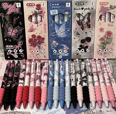 ￼4pcs Retro Suit Gel Pen Rose Butterfly Series Student Simple 0.5mm Quick Drying Ink Pen Cute Student Stationery 3set