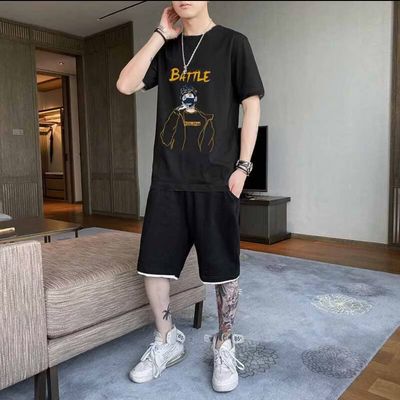 ￼Summer Men&#39;s Sports Set to wear at home, super quality Thai sesame, Men&#39;s Summer Clothing Set short sleeve BATTLE (S-2XL)