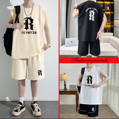 ￼New set of men&#39;s gym clothes made of elastic and absorbent elastic fabric, new R-printed striped suit (M-2XL)